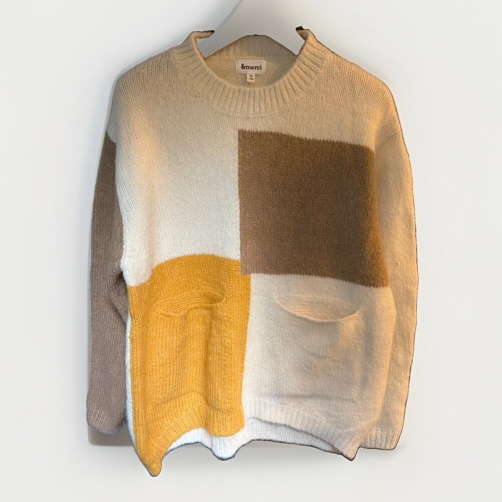 &Merci Oversized Soft Fuzzy Abstract Color Block Sweater Womens M Yellow Brown